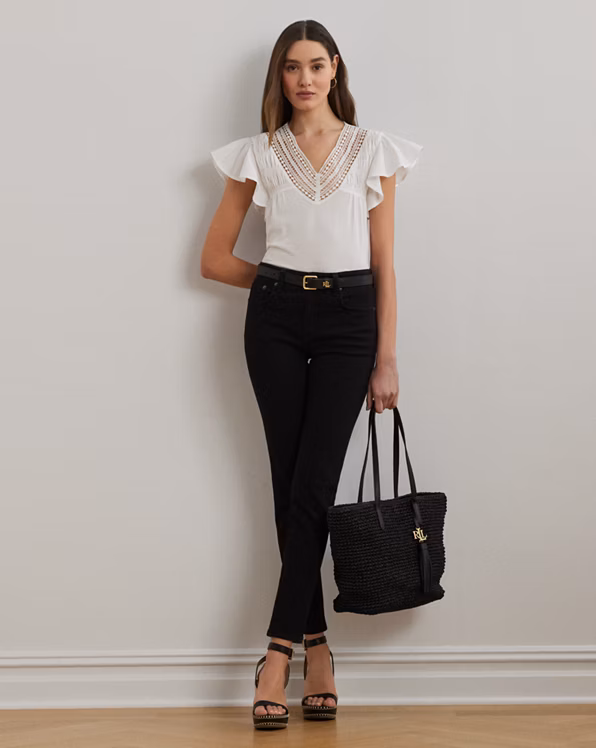 Lace-Trim Jersey Flutter-Sleeve T-Shirt