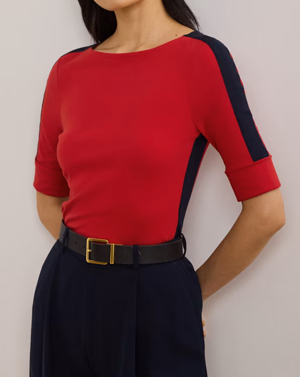 Two-Tone Stretch Cotton Elbow-Sleeve Tee