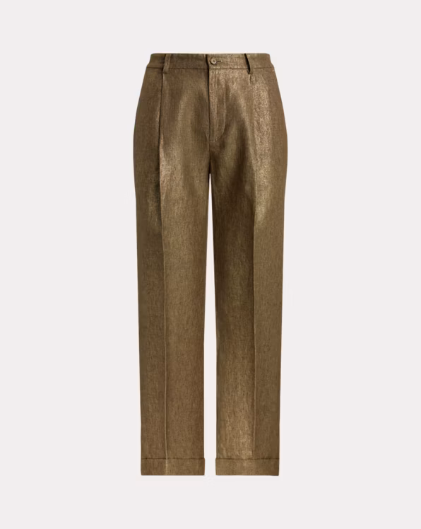 Pleated Metallic Linen Cropped Trouser