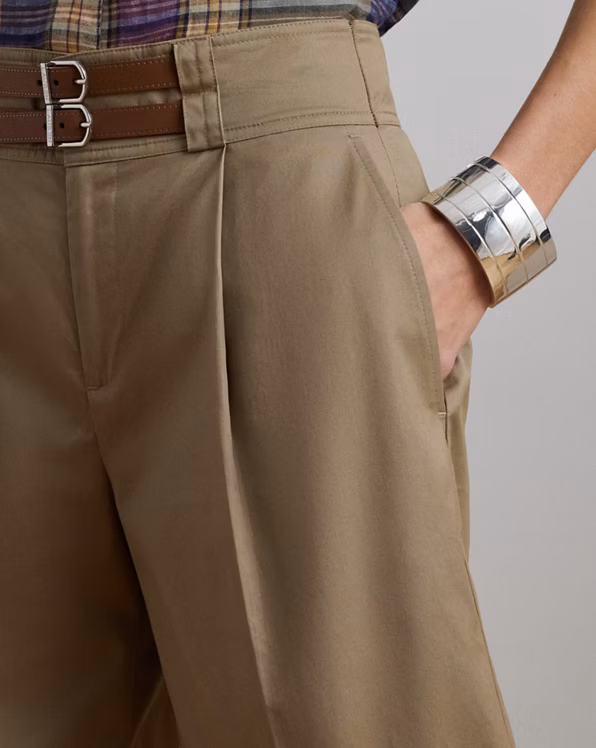 Buckle-Trim Pleated Cotton Twill Short