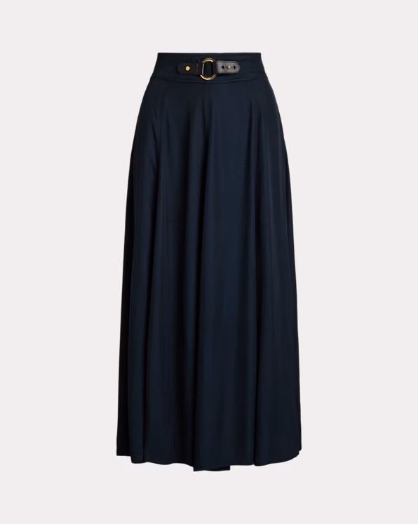 Buckle-Trim Twill Midi Skirt