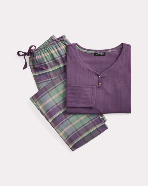 Plaid Cotton-Blend Henley Pyjama Set