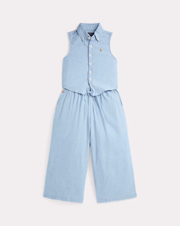 Chambray Tie-Front Top & Trouser Set