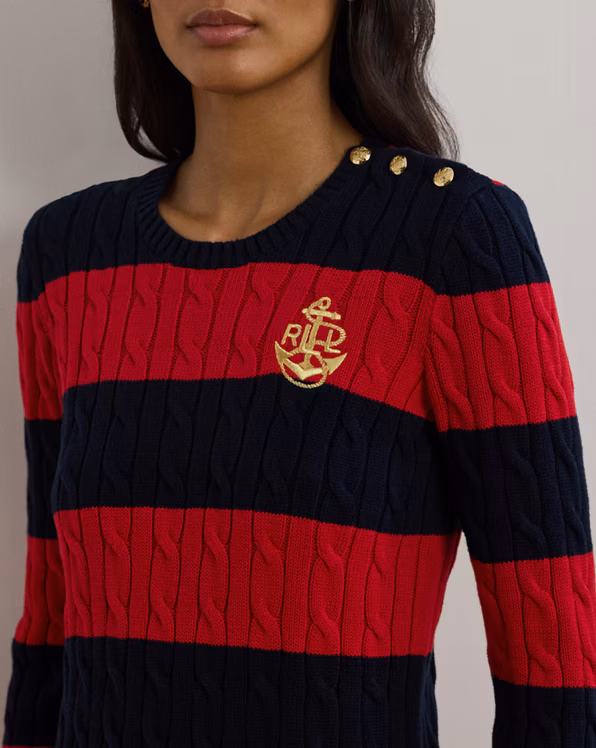 Striped Button-Trim Cable-Knit Jumper