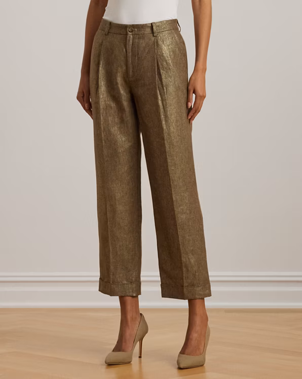 Pleated Metallic Linen Cropped Trouser