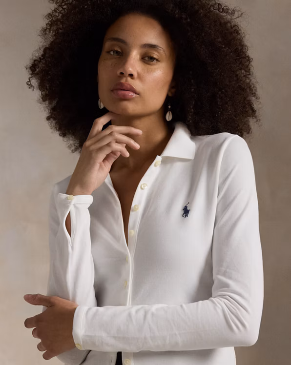 Buttoned-Placket Long-Sleeve Polo Shirt