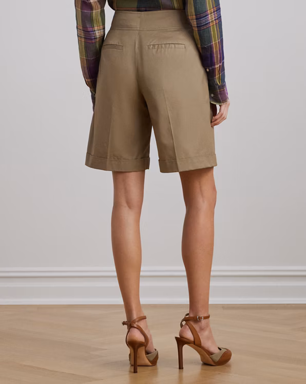Buckle-Trim Pleated Cotton Twill Short
