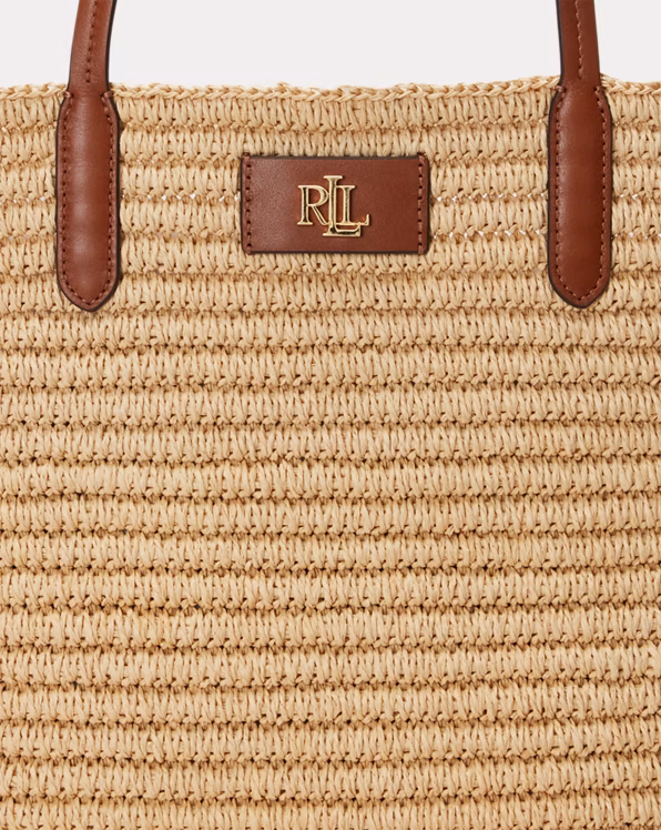 Leather-Trim Straw Large Brie Tote Bag