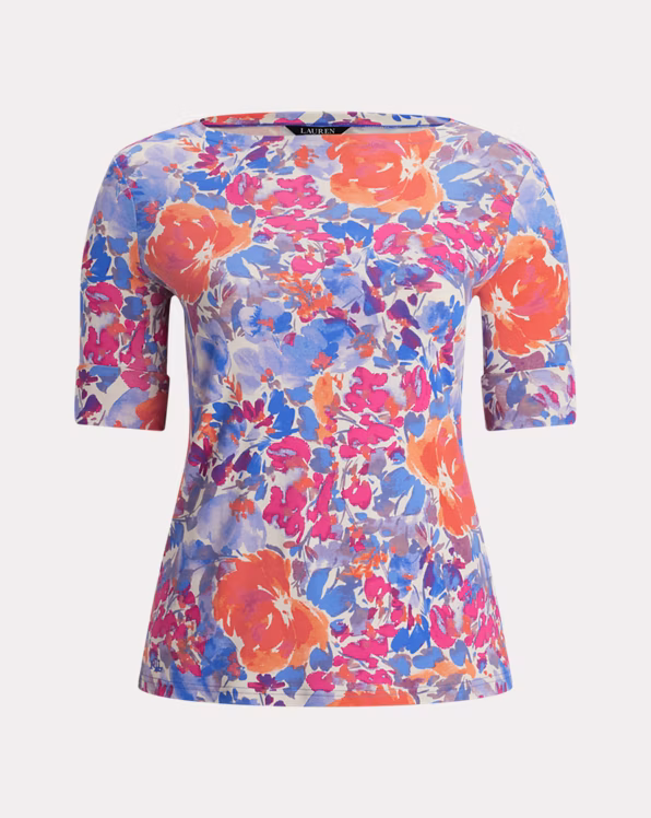 Floral Stretch Cotton Boatneck T-shirt