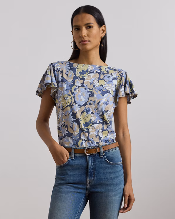 Floral Slub Jersey Flutter-Sleeve Top
