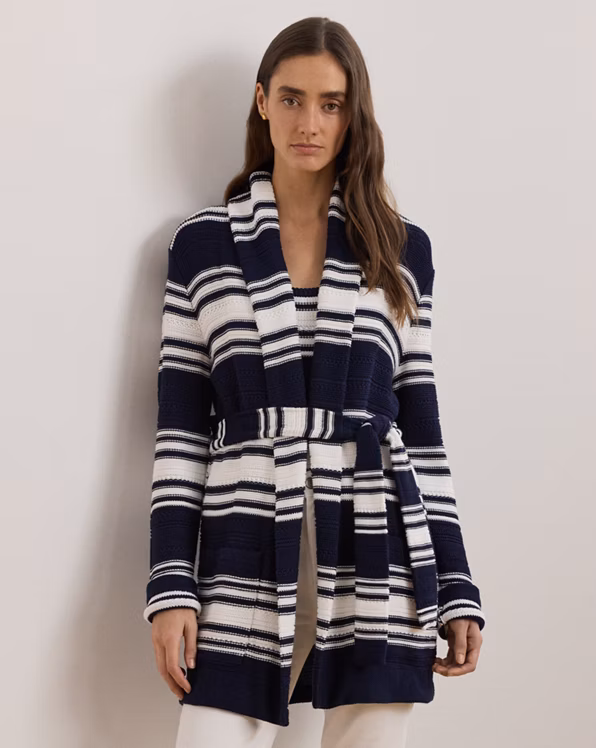 Striped Belted Cotton-Blend Cardigan