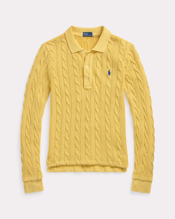 Cable-Knit Cotton Long-Sleeve Polo Shirt