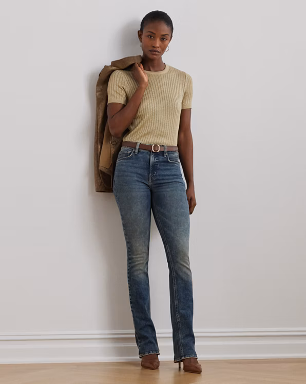 Metallic Rib-Knit Short-Sleeve Jumper