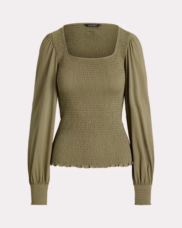 Smocked Jersey Blouson-Sleeve Top