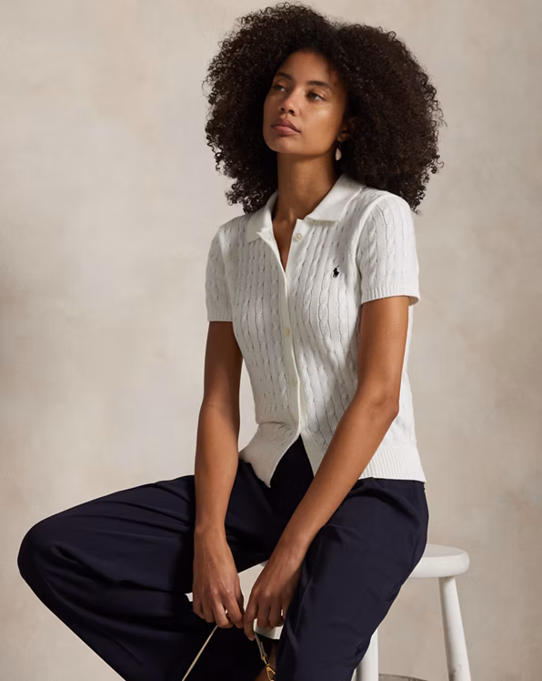 Cable Cotton Short-Sleeve Polo Cardigan