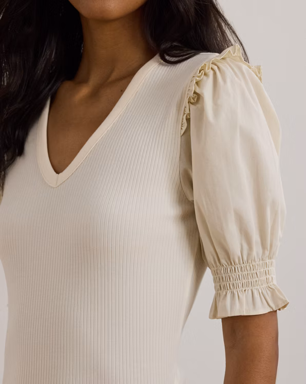 Rib-Knit Cotton-Blend Puff-Sleeve Top