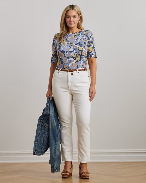 Floral Stretch Cotton Boatneck T-shirt