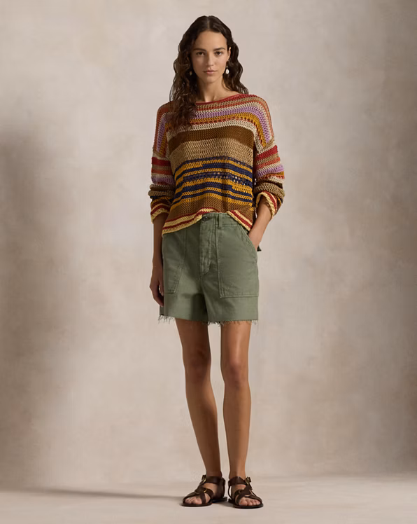 Striped Linen-Cotton Crocheted Jumper